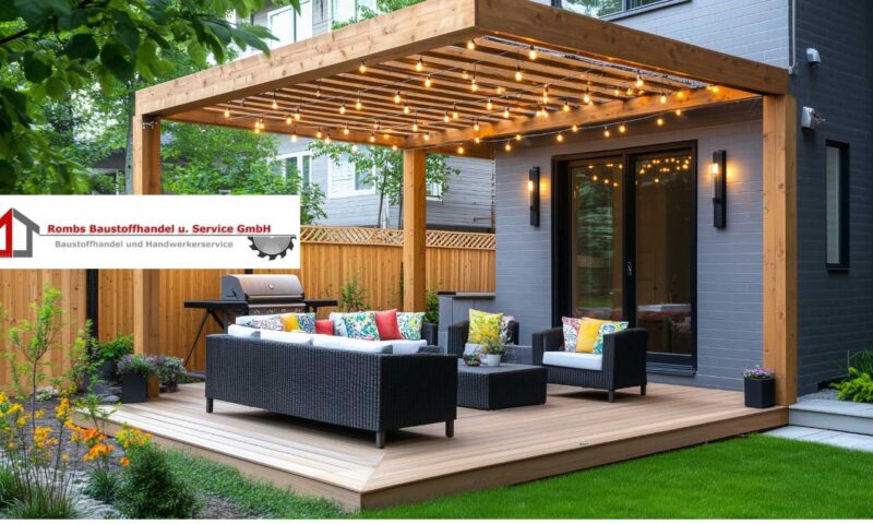 Moderne Terrasse mit Holzdielen als Boden und Holzüberdachung