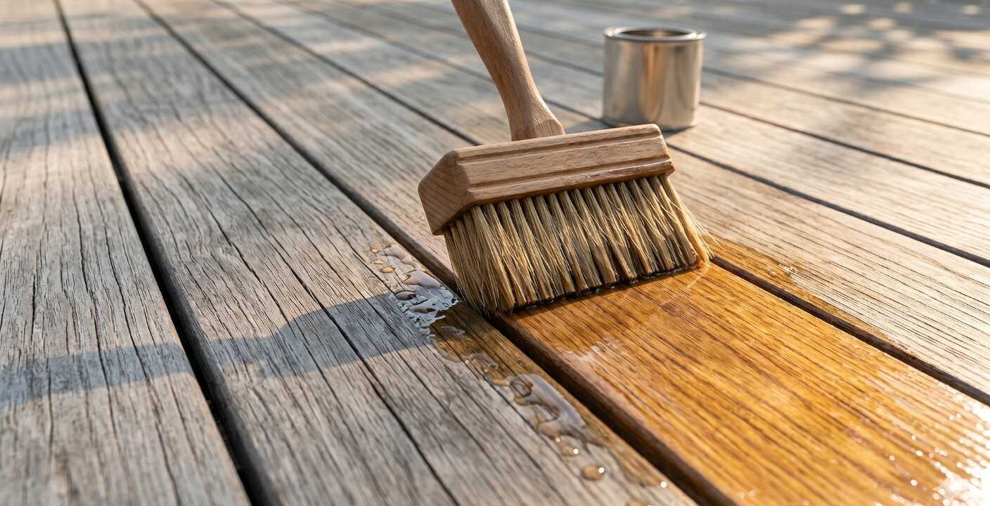 Terrassendielen pflegen Öl wird mit einem Pinsel auf die Diele gestrichen