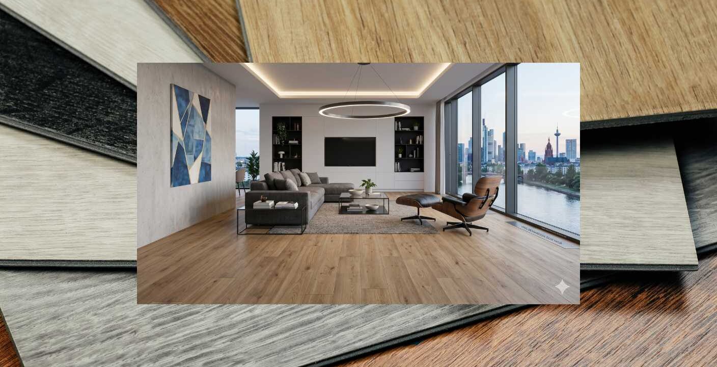 Raum mit Vinyl Designboden verlegt, im Hintergrund eine Farbpalette mit verschiedenen Belag