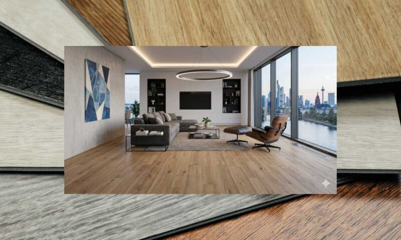Raum mit Vinyl Designboden verlegt, im Hintergrund eine Farbpalette mit verschiedenen Belag