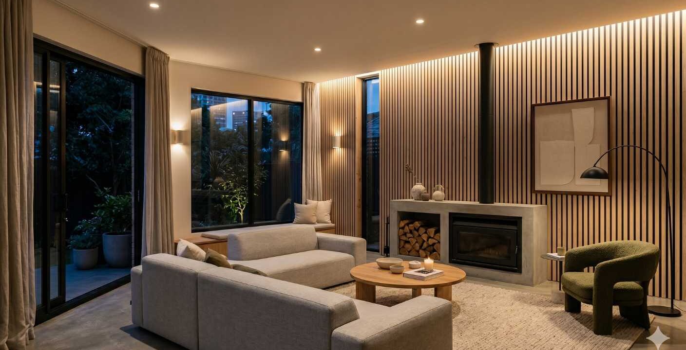 Modernes Wohnzimmer mit Wandpaneelen aus Holz