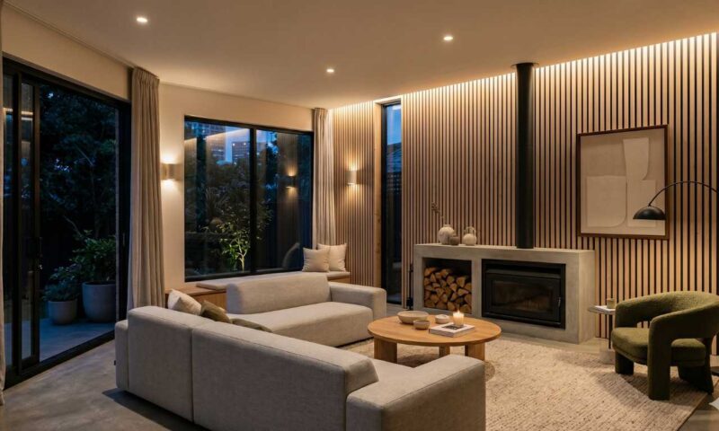 Modernes Wohnzimmer mit Wandpaneelen aus Holz