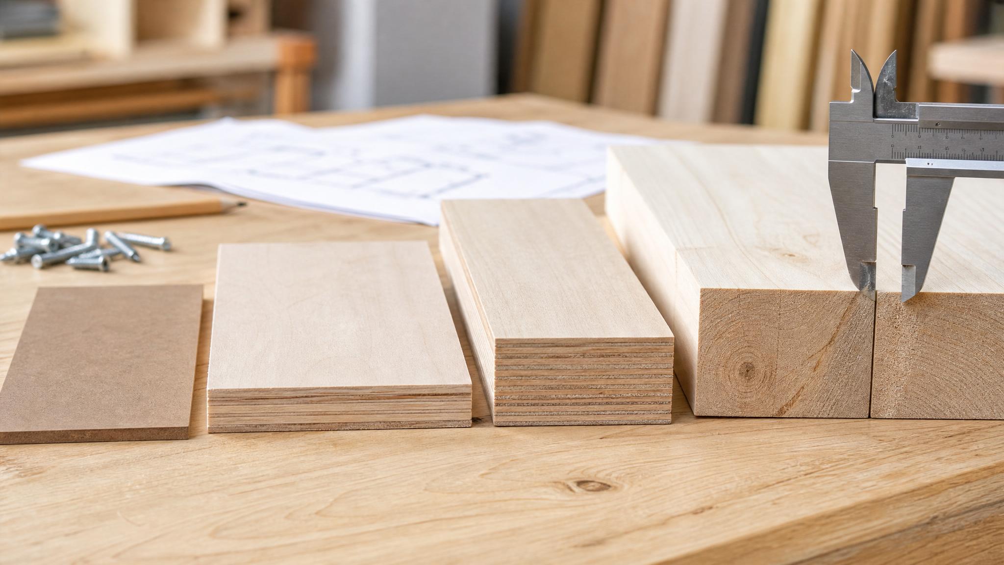 Gestaffelte Holzplatten in verschiedenen Stärken mit Messschieber als KI-generiertes Praxisbild zum Plattenstärken-Guide