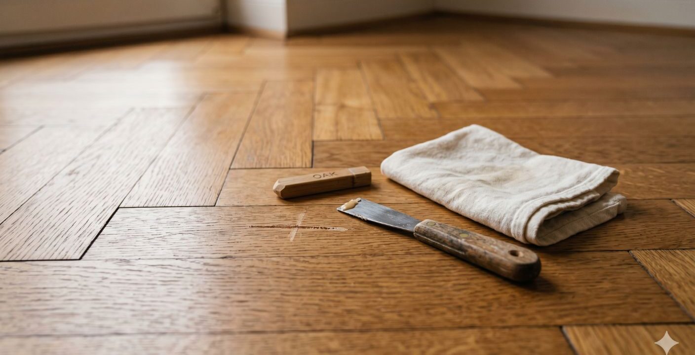 Holzboden mit einer Macke die ausgebessert werden muss