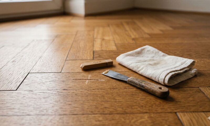 Holzboden mit einer Macke die ausgebessert werden muss