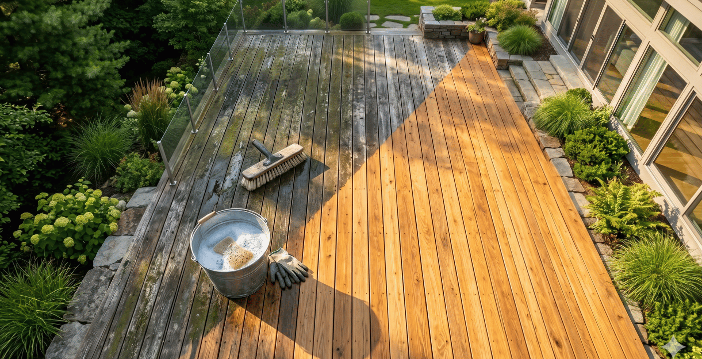 Holzterrasse reinigen eine Seite gereinigt eine Seite nicht gereinigt.