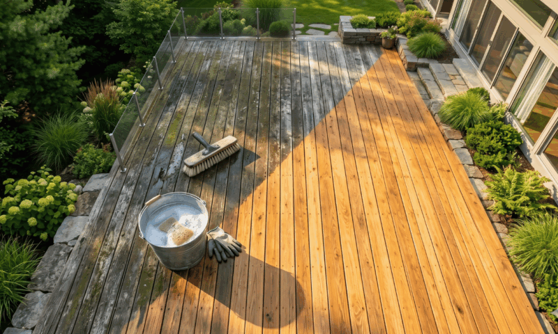 Holzterrasse reinigen eine Seite gereinigt eine Seite nicht gereinigt.
