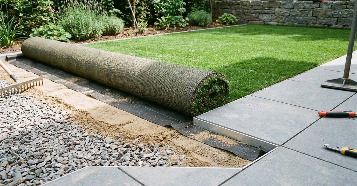 Verlegter Kunstrasen im Garten