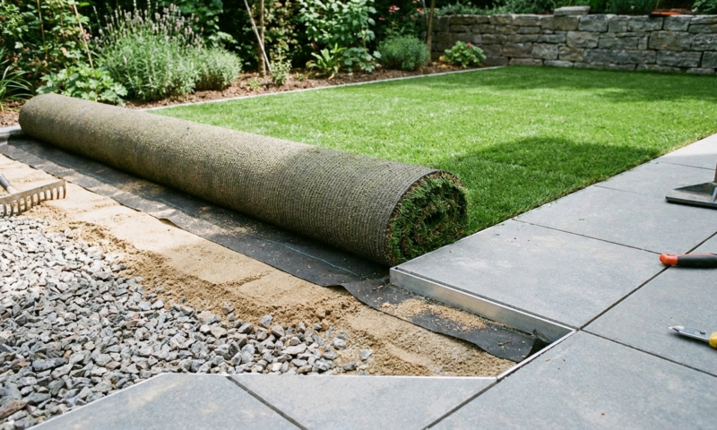 Verlegter Kunstrasen im Garten