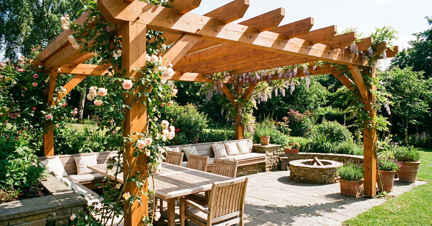Holz-Pergola ueber Terrasse