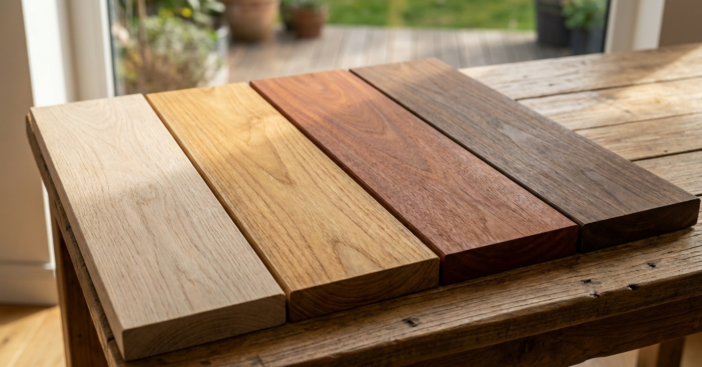 Terrassenholz Musterbretter im Vergleich