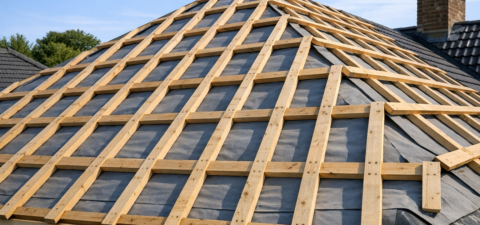 Dachlattung mit Konterlatten und Traglatten auf den Sparren