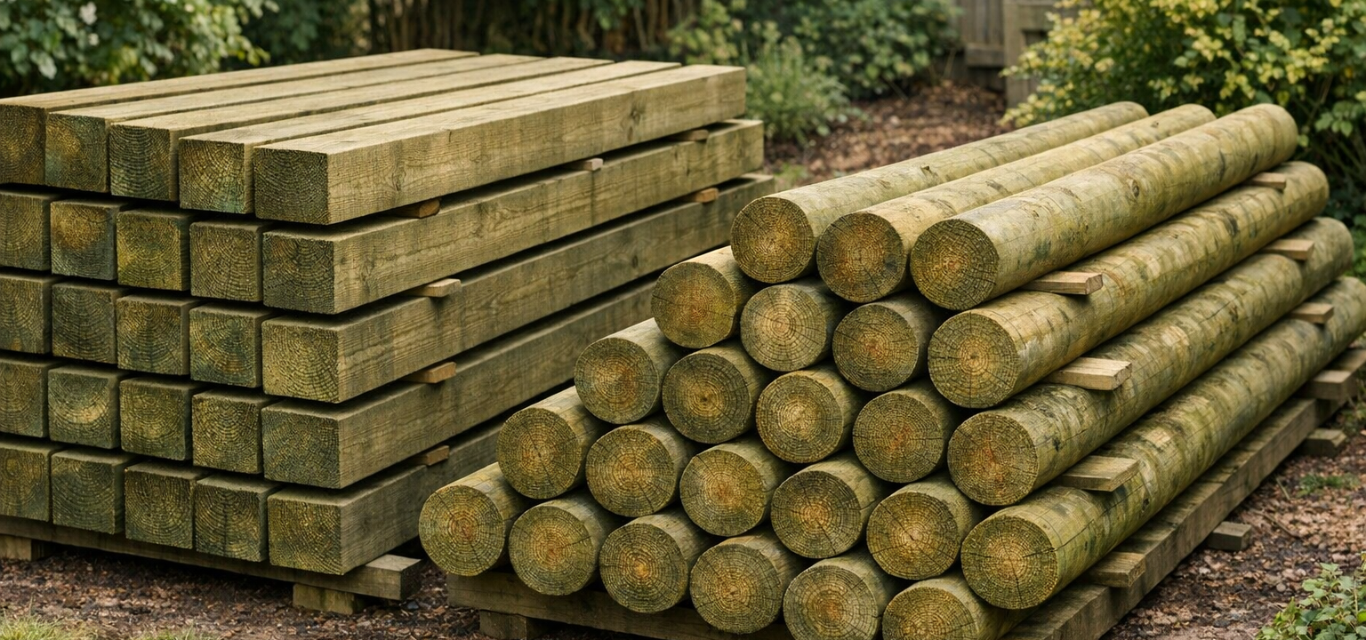 Kesseldruckimprägnierte Holzpfähle, Vierkant- und Rundpfosten, im Garten gestapelt