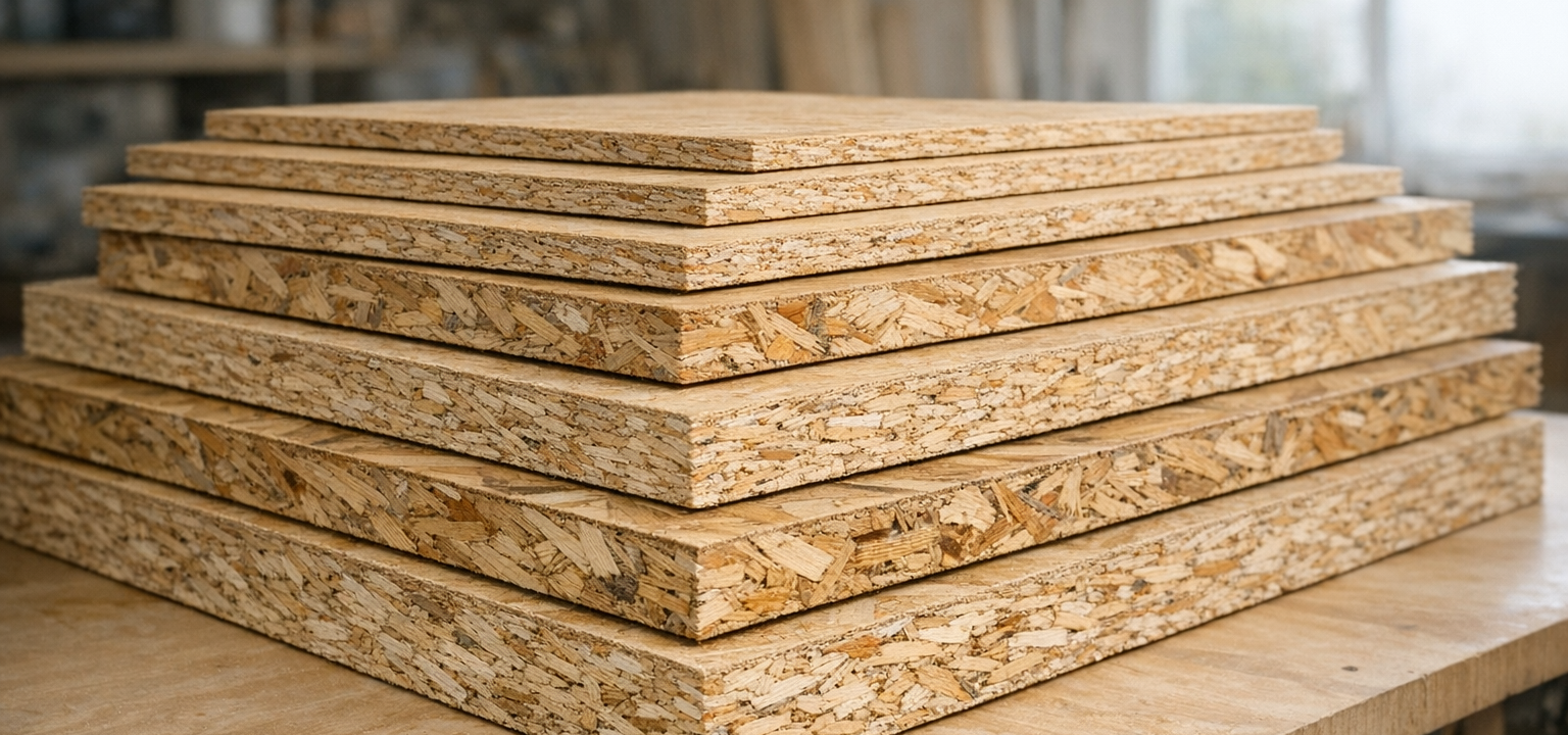 Stapel von OSB-Platten in verschiedenen Stärken mit sichtbaren Kanten